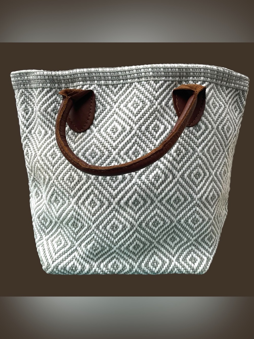 Annie Selke Fresh American Diamond Woven Tote Bag Brown Leather Handles beach
